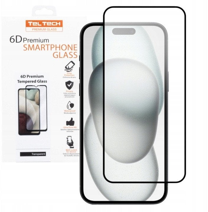 TELTECH PREMIUM SZKŁO 6D IPHONE 15 SZKŁO PROFILOWANE HARTOWANE FULL COVER CZARNA RAMKA
