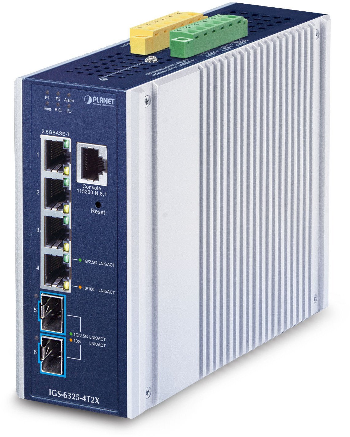 PLANET IP30 Industrial L3 4-Port Zarządzany 2.5G Ethernet (100/1000/2500) Aluminium, Niebieski