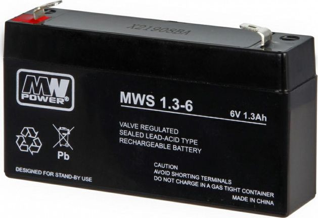 MW Power Pb 6V 1.3Ah bezobsługowy (waga 0.31kg, max. prąd ład. 0.3A, max. prąd rozł. 15A)