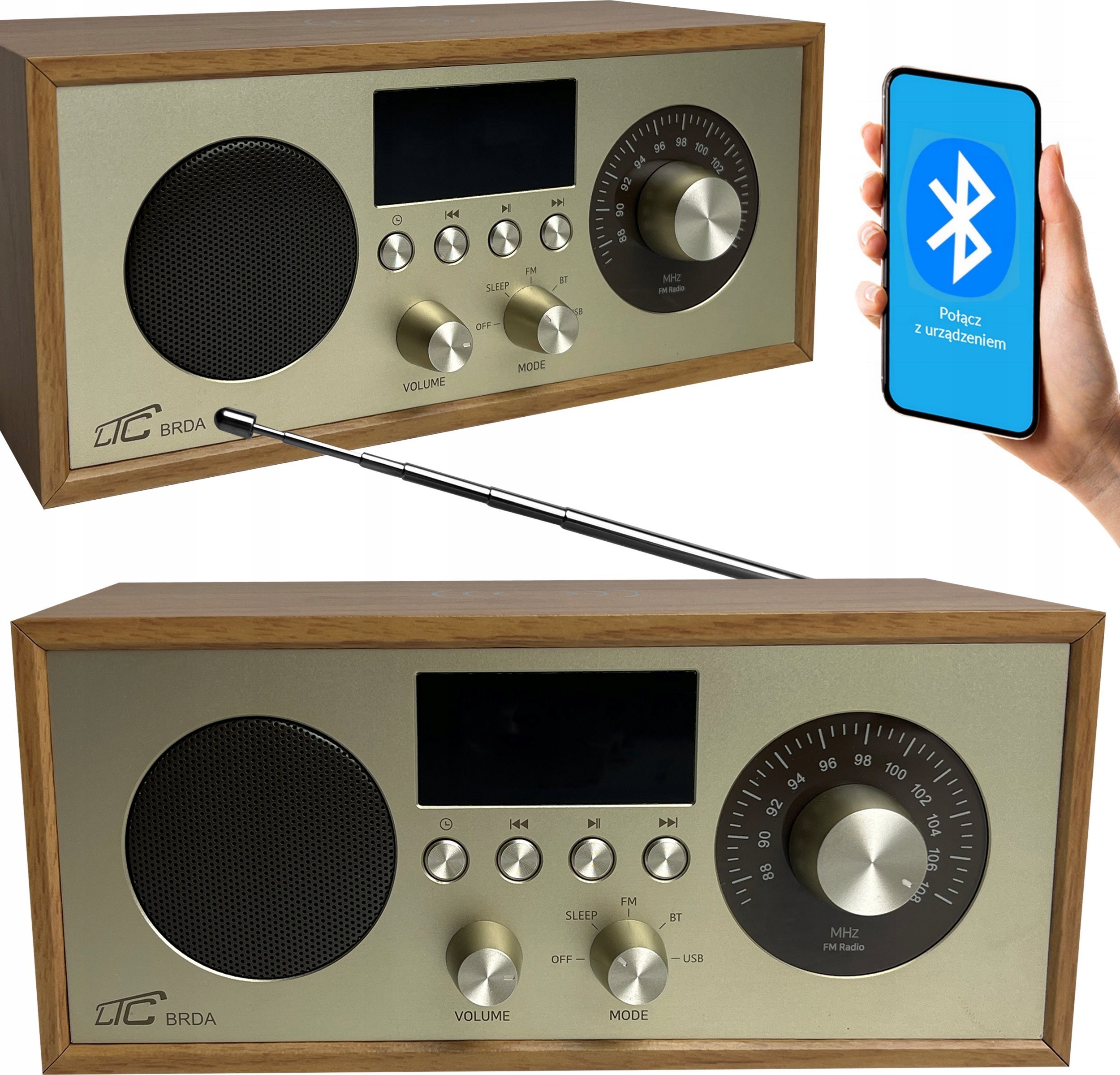 Radio przenośne Brda FM/BT/USB akum.2200mAh,10W,ładowanie indukcyjne telefonu,jasny brąz/złote