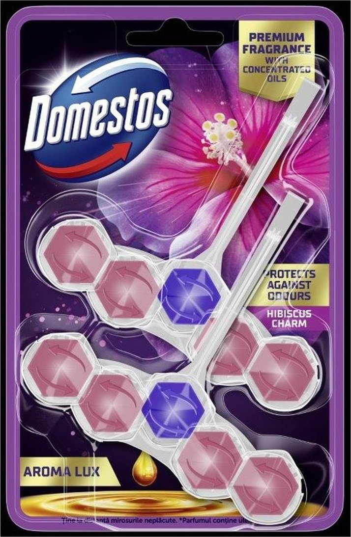 Domestos kostka toaletowa power 5 aroma lux hibiscus oil & wild berries 2 x 55 g 110g