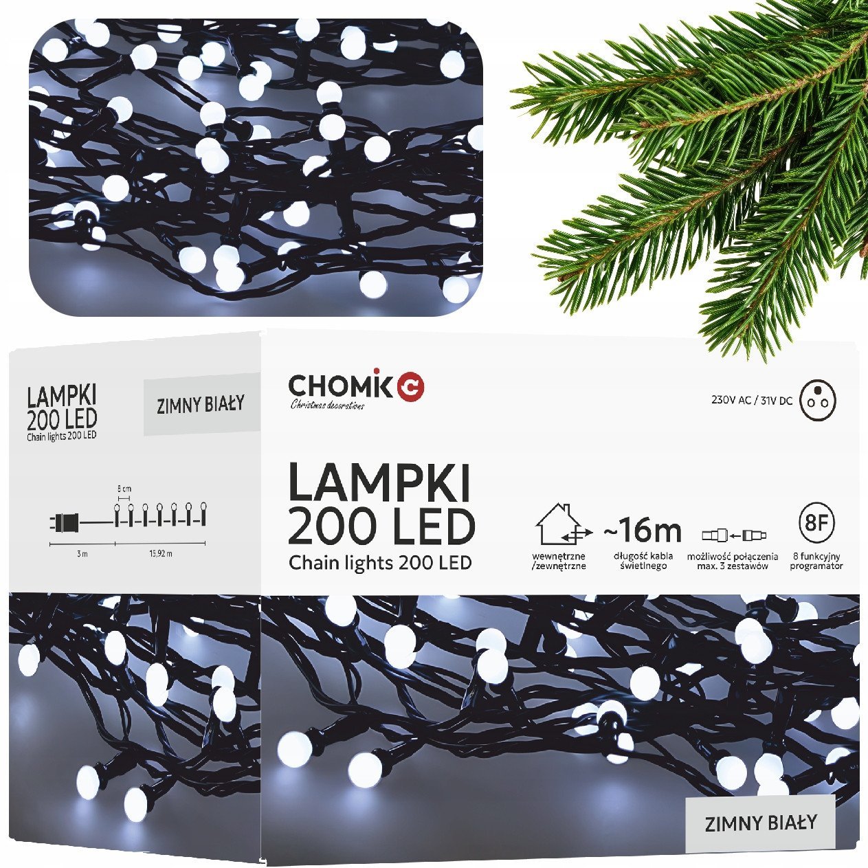 ExtraLink Extralink | Lampki LED | kulki 200L zimny biały, dł. 3 + 16 m