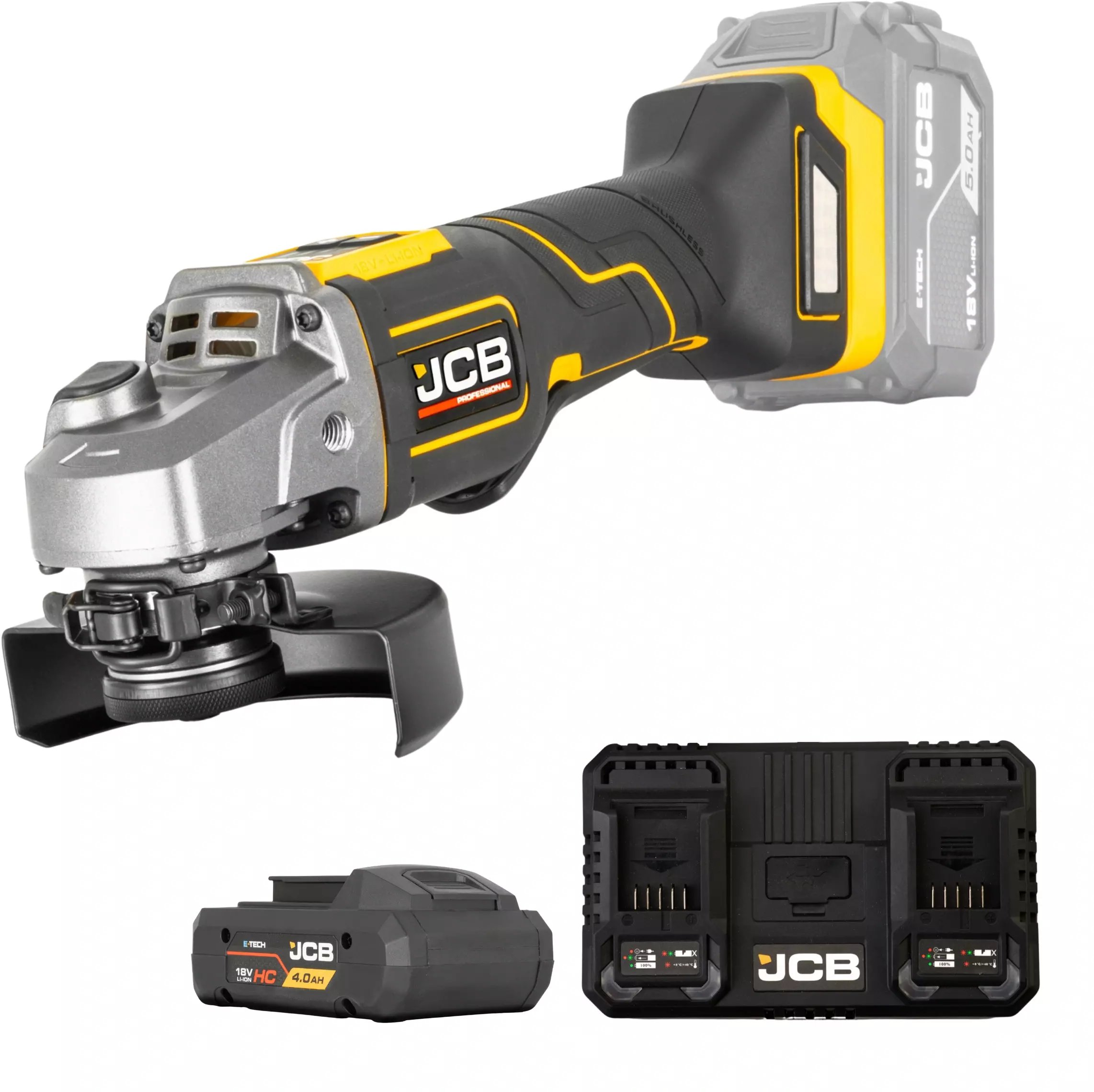 JCB Professional 18V Szlifierka Kątowa 125Mm Dual Charger 4.5A Bateria 4Ah