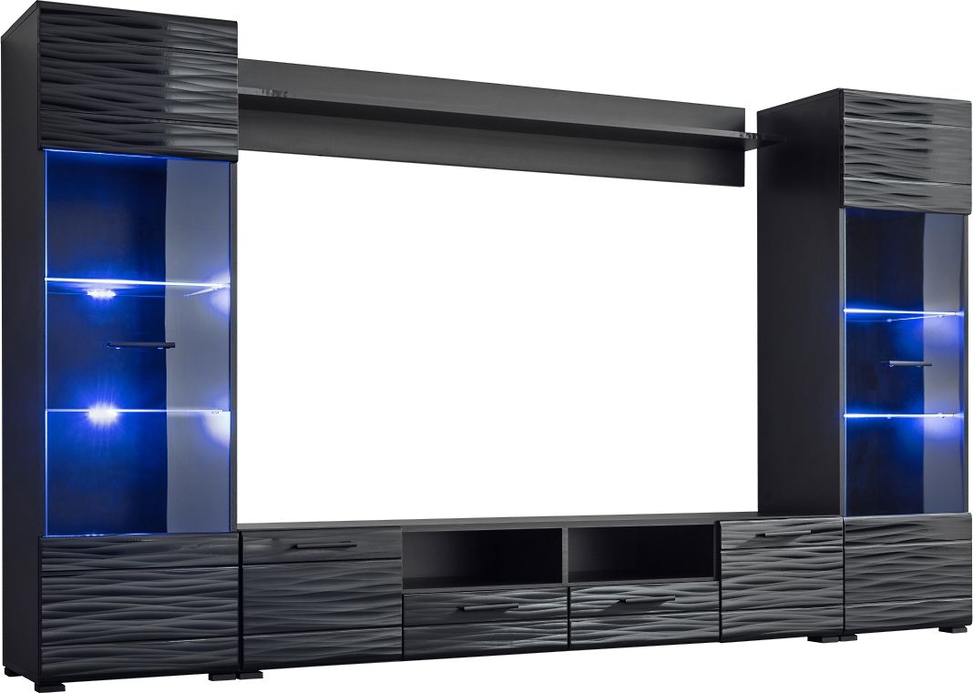 FURNIVAL Meblościanka MODICA czarny mat/czarny połysk efekt 3D FURNIVAL