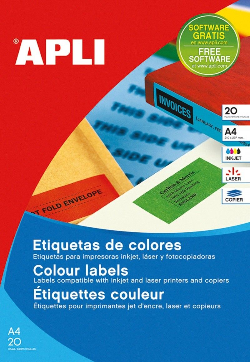 Apli Etykiety kolorowe APLI, 210x297mm, prostokątne, żółte, 20 ark.