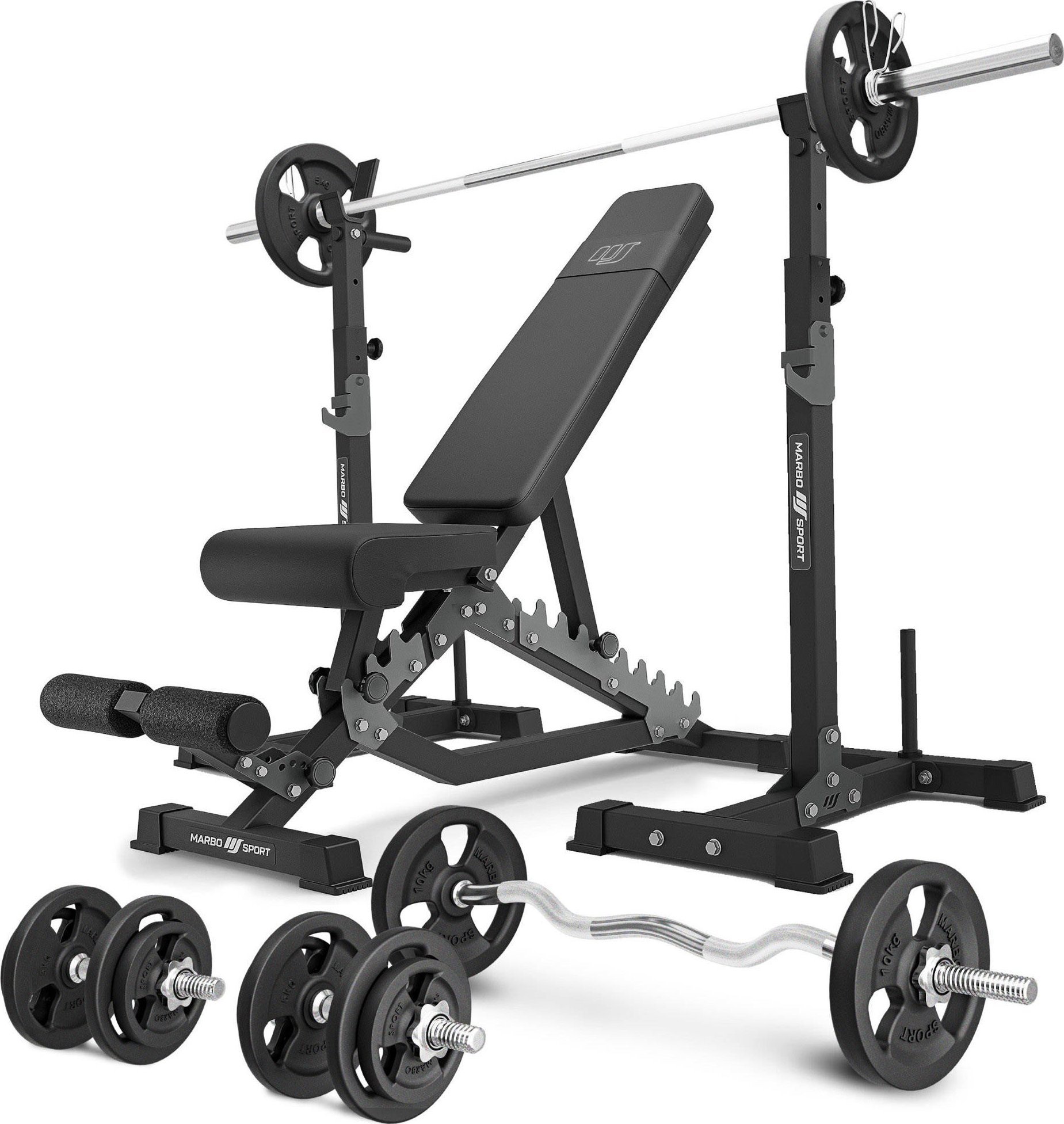Zestaw MS34_2.0_83KG | Ławka dwustronna + wielopoziomowe stojaki (2 sztuki) pod sztangę z asekuracją + zestaw gryfów i obciążeń 83kg - Marbo Sport