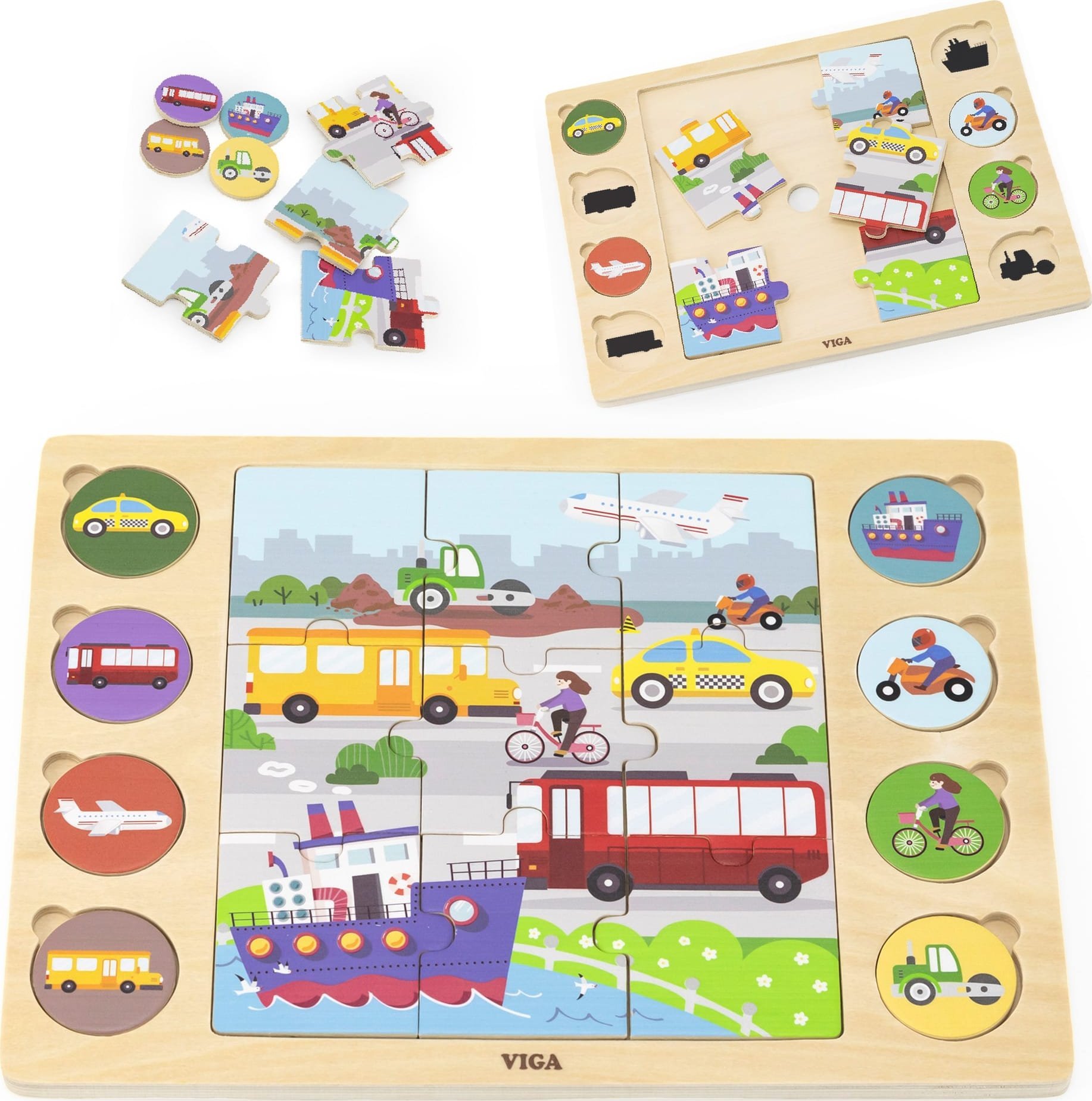 Viga Toys VIGA Drewniane Puzzle Odgadnij po Cieniu - Środki Transportu Układanka 17 el.