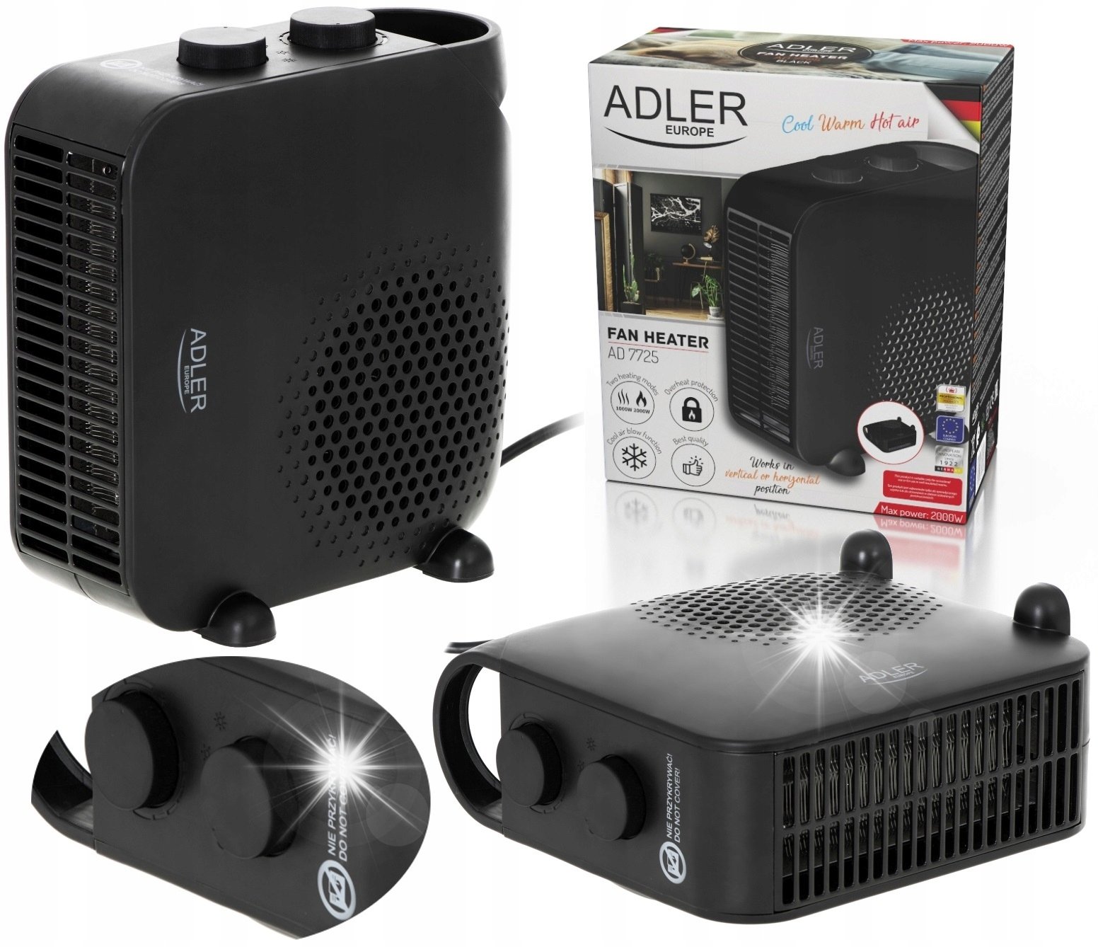 Termowentylator Adler Termowentylator 2000W 2-funkcyjny Termostat Tryb Wentylatora Adler AD7725B