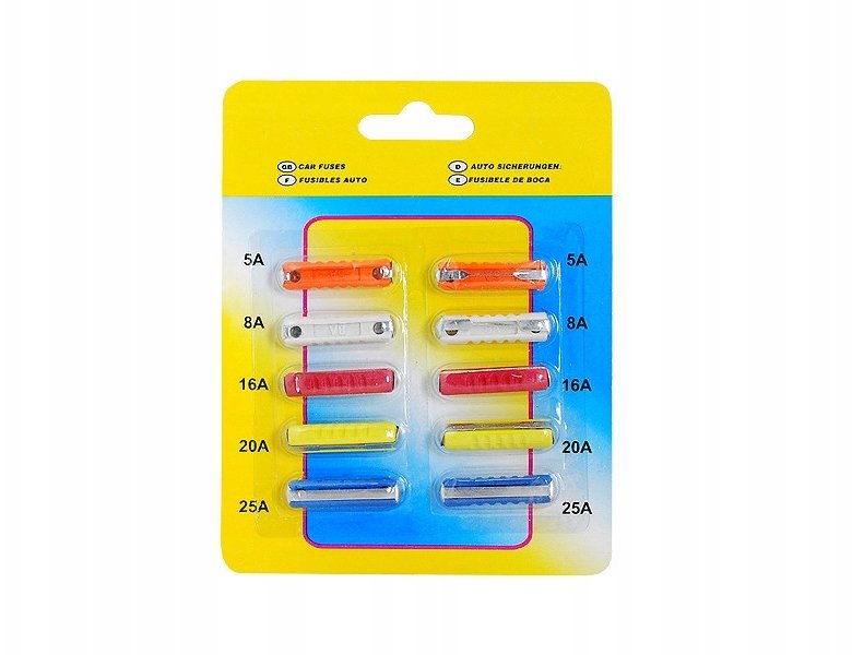 Cometic Bezpieczniki samochodowe cylindryczne 5A, 8A, 16A, 2A 25A opakowanie 10 szt.