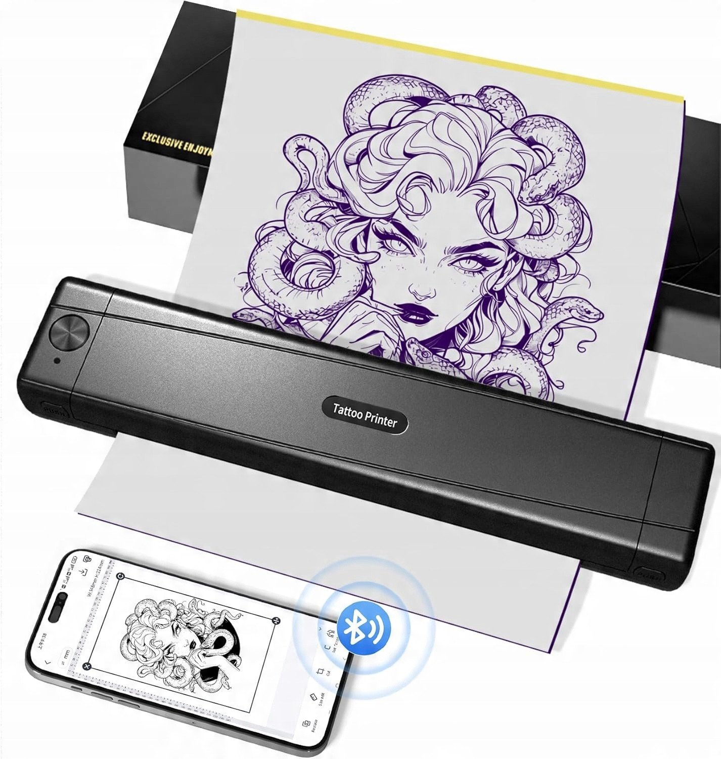 Drukarka fotograficzna TATTMUSE Drukarka do tatuażu Bluetooth 10 arkuszy papieru czarna nowa