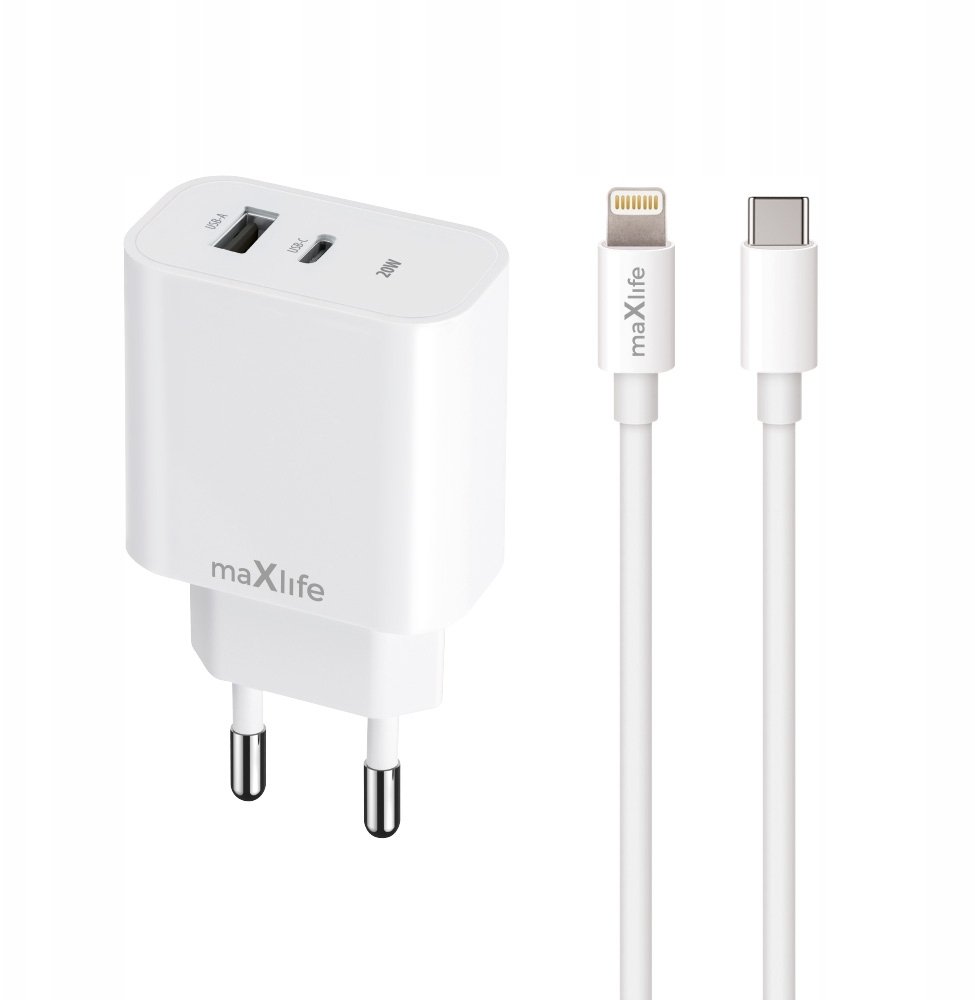 Maxlife ładowarka sieciowa PD QC MXTC-06-20AC 1x USB-C 1x USB 20W biała + kabel USB-C - Lightning 20W