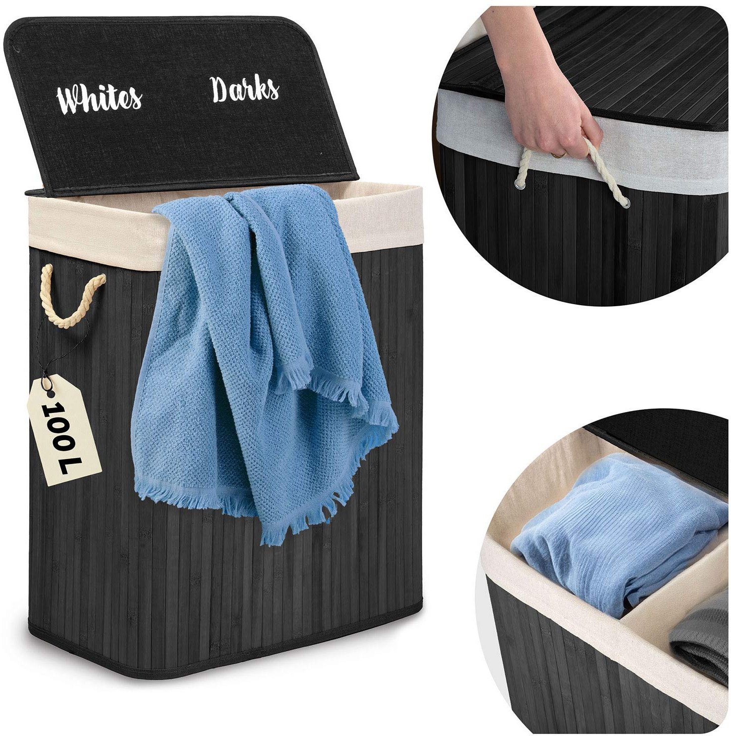 Kosz na pranie Massido Bambusowy kosz na pranie bieliznę z pokrywą 100 l