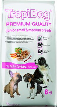 TropiDog Indyk z ryżem Premium Junior Small & Medium Breeds 8kg
