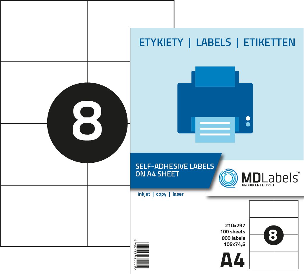 MD Labels Etykiety naklejki samoprzylepne 105x74,5mm na arkuszu A4 100 ark