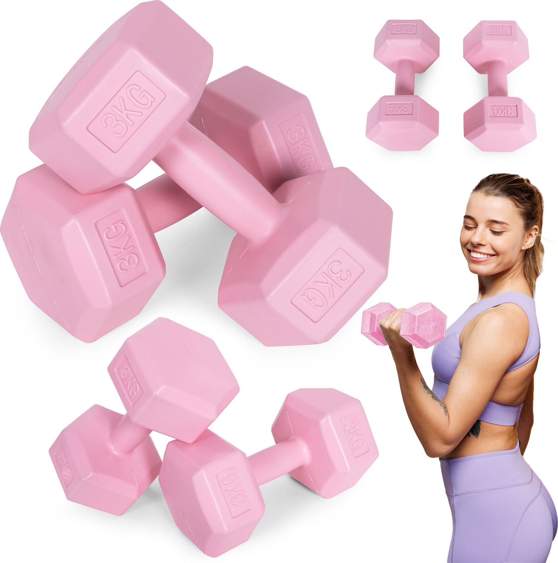 ModernHome Hantle sześciokątne zestaw 2x3 kg ciężarki do ćwiczeń obciążniki fitness różowe ModernHom...
