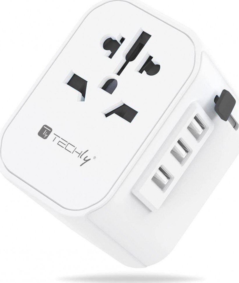 Фото - Зарядка для акумуляторної батарейки TECHLY Adapter Podróżny Wtyków Zasilania EU/UK/USA Ładowarka 3x USB 