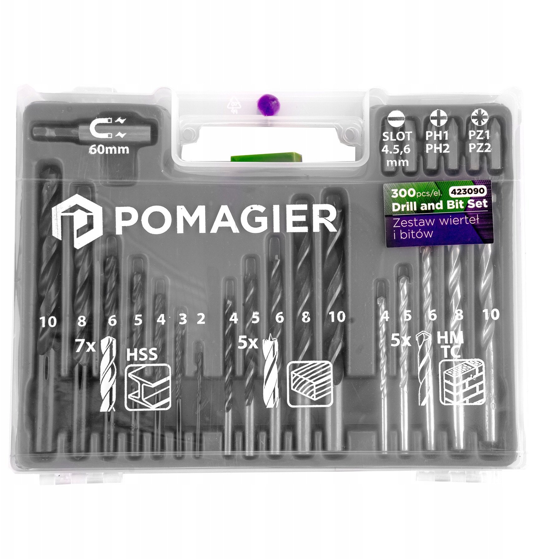 Zestaw komplet wierteł i bitów 300el wiertła bity do metalu drewna betonu HSS HMTC POMAGIER