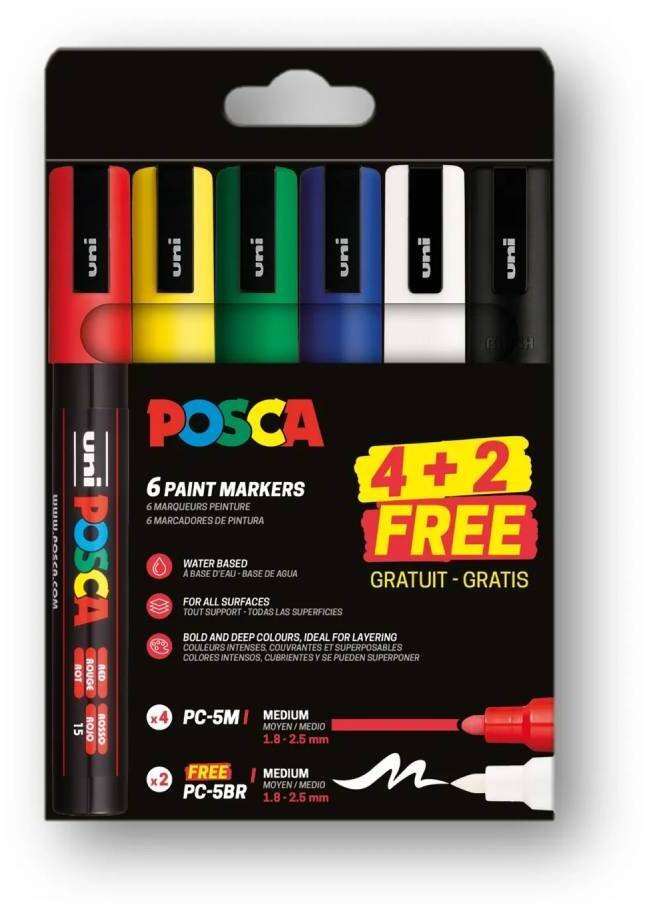 Posca Paintmarker PC5M - with 4+2 (4 pcs. PC5M + 1 PC. black & 1 PC. white PC5M Brush Free) (401682)...