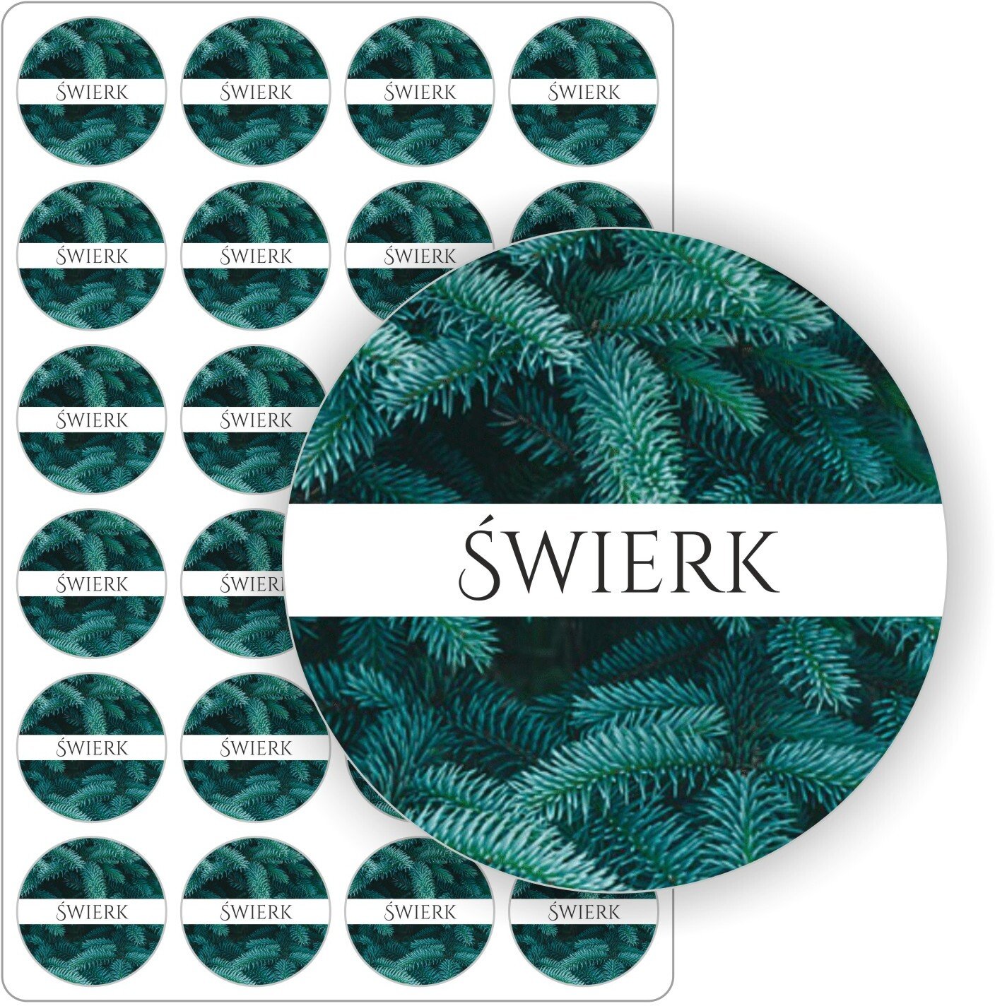 Stabilus naklejki etykietki nalepki świerkowy leśny samoprzylepne kolorowe ŚWIERK mydła świece olejki 5cm (E-OWO_SWI_C5)