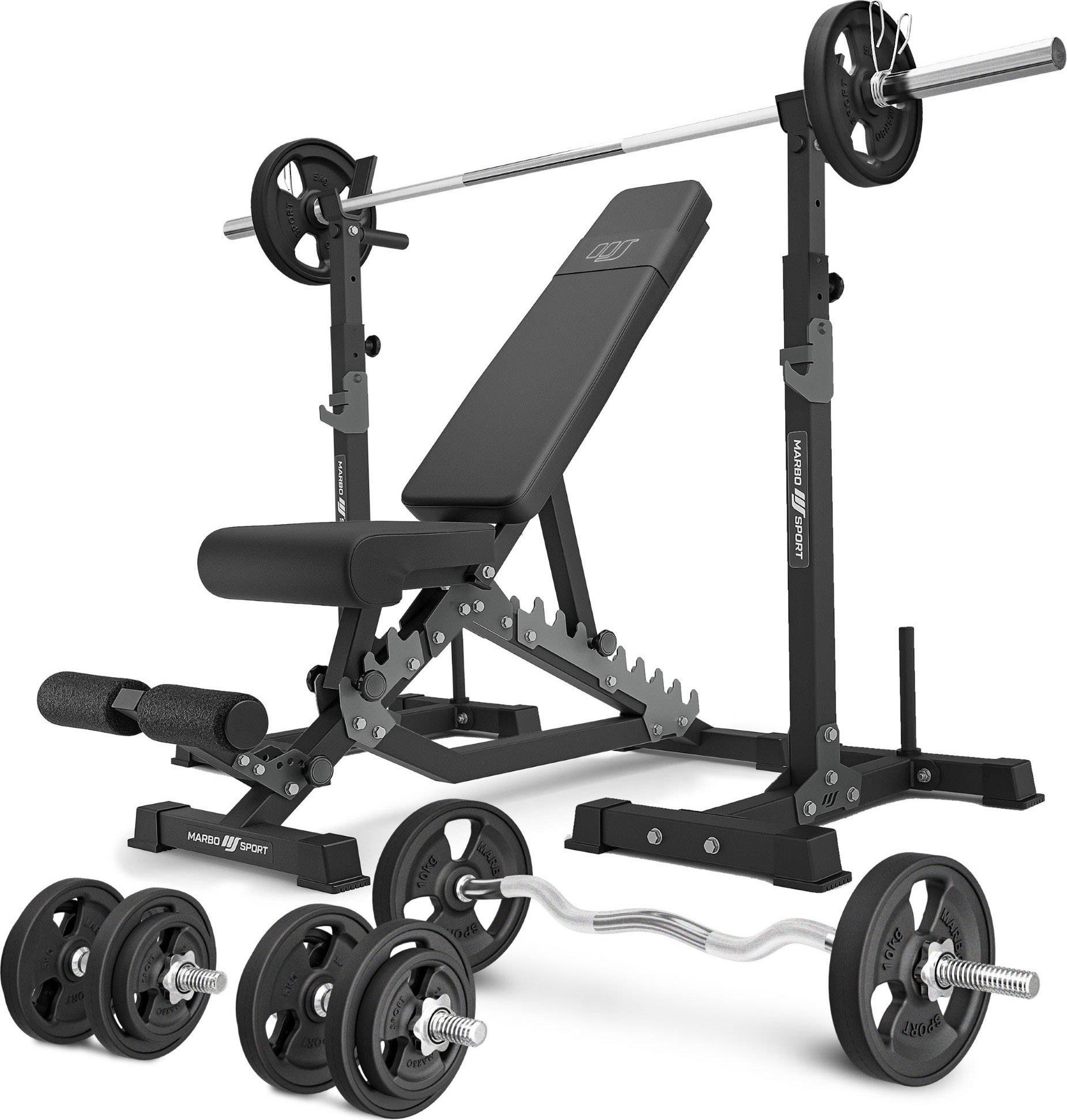 Zestaw MS34_2.0_83KG_G | Ławka dwustronna + wielopoziomowe stojaki (2 sztuki) pod sztangę z asekuracją + zestaw gryfów i obciążeń gumowanych 83 kg -