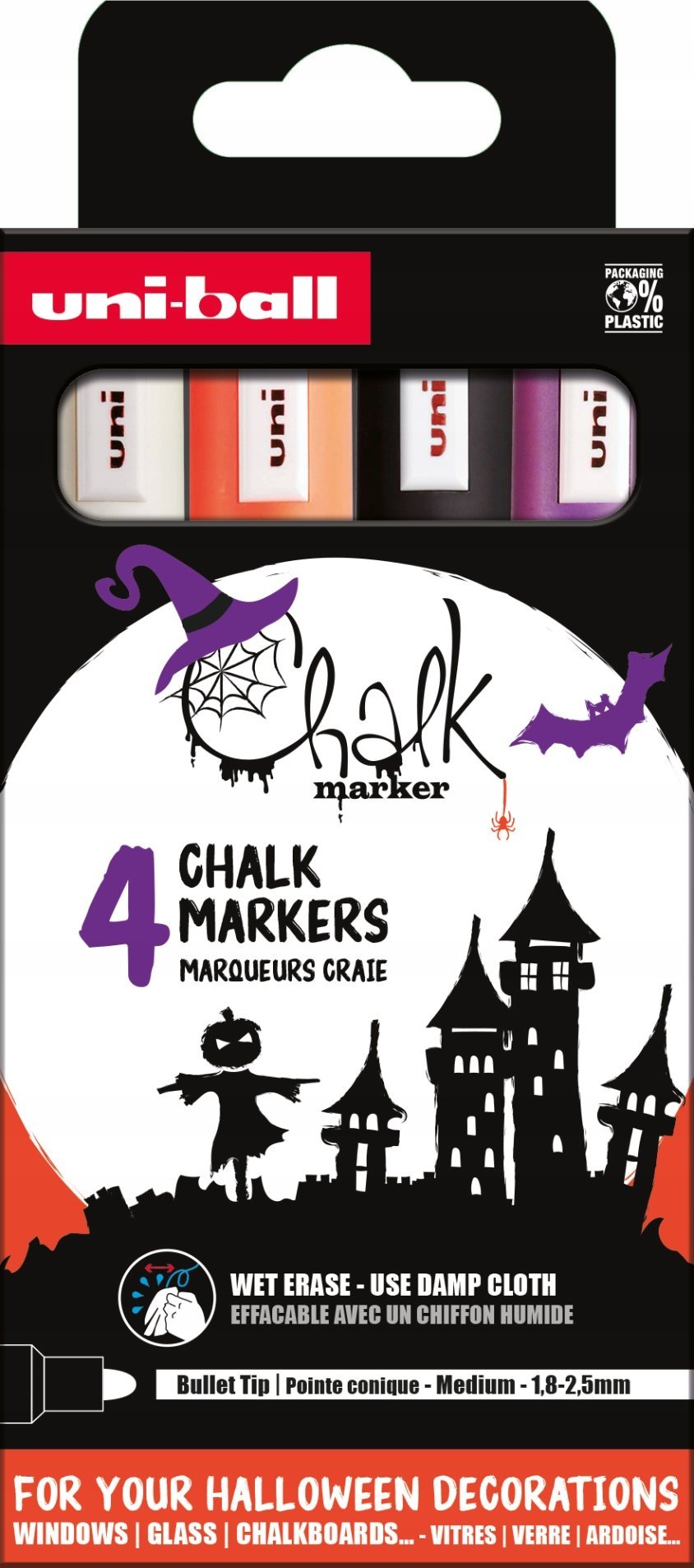 UNI-BALL Uni Chalk marker zestaw Halloween z 4 sztuk (kolory white, black, purple, orange)