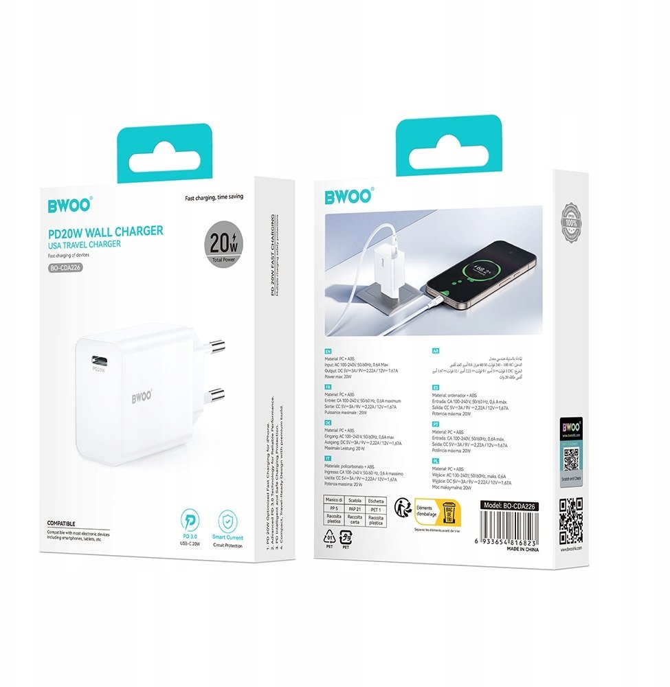 BWOO ładowarka sieciowa 20W CDA226 QC 1x USB-C biała