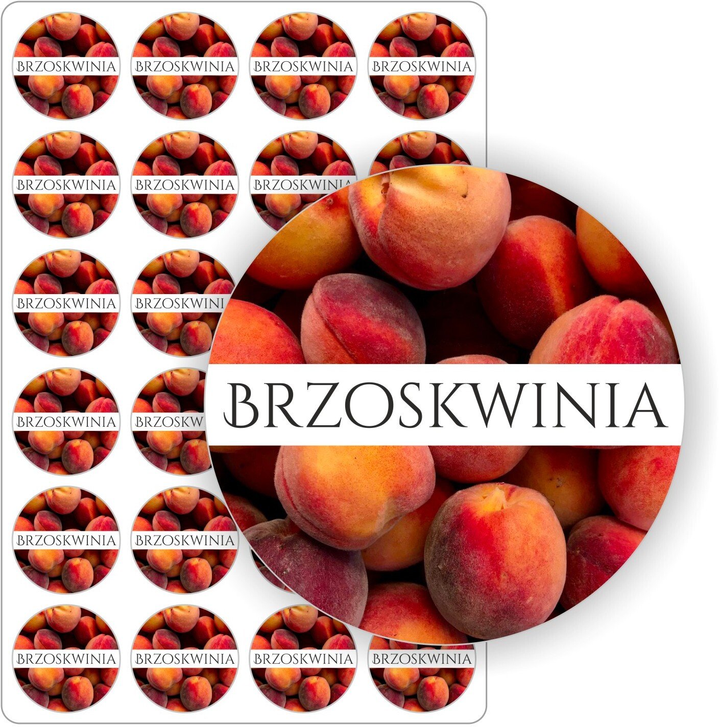Stabilus etykiety etykietki arkusz naklejek naklejki samoprzylepne kolorowe BRZOSKWINIA przetwory słoiki 5 cm (E-OWO_BRZ_C5)