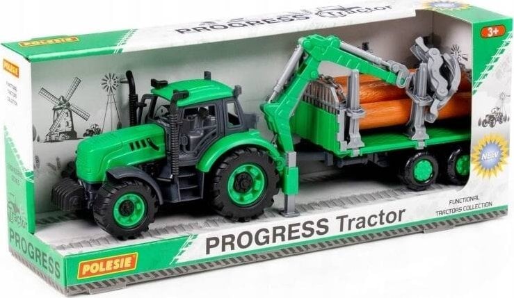 Polesie 96487 Traktor Progres inercyjny z podnośnikiem i przyczepą do przewozu drewna, zielony w pudełku