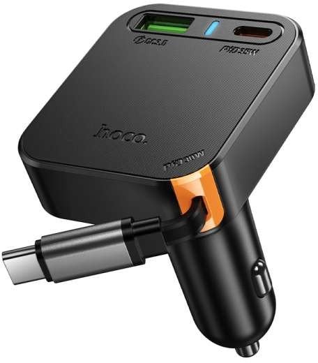 Ładowarka samochodowa Hoco ze zwijanym kablem 2 x USB C + USB A QC PD 65W NZ18 czarna