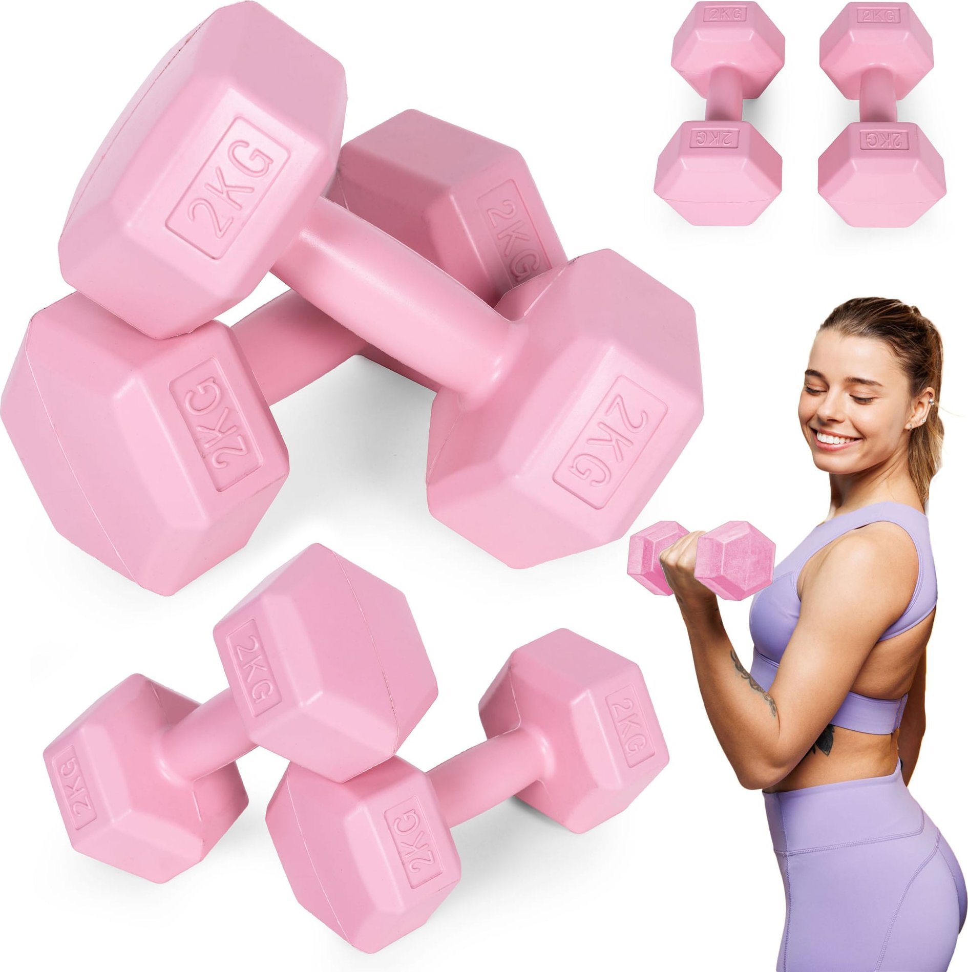 ModernHome Hantle sześciokątne zestaw 2x2 kg ciężarki do ćwiczeń obciążniki fitness różowe ModernHom...