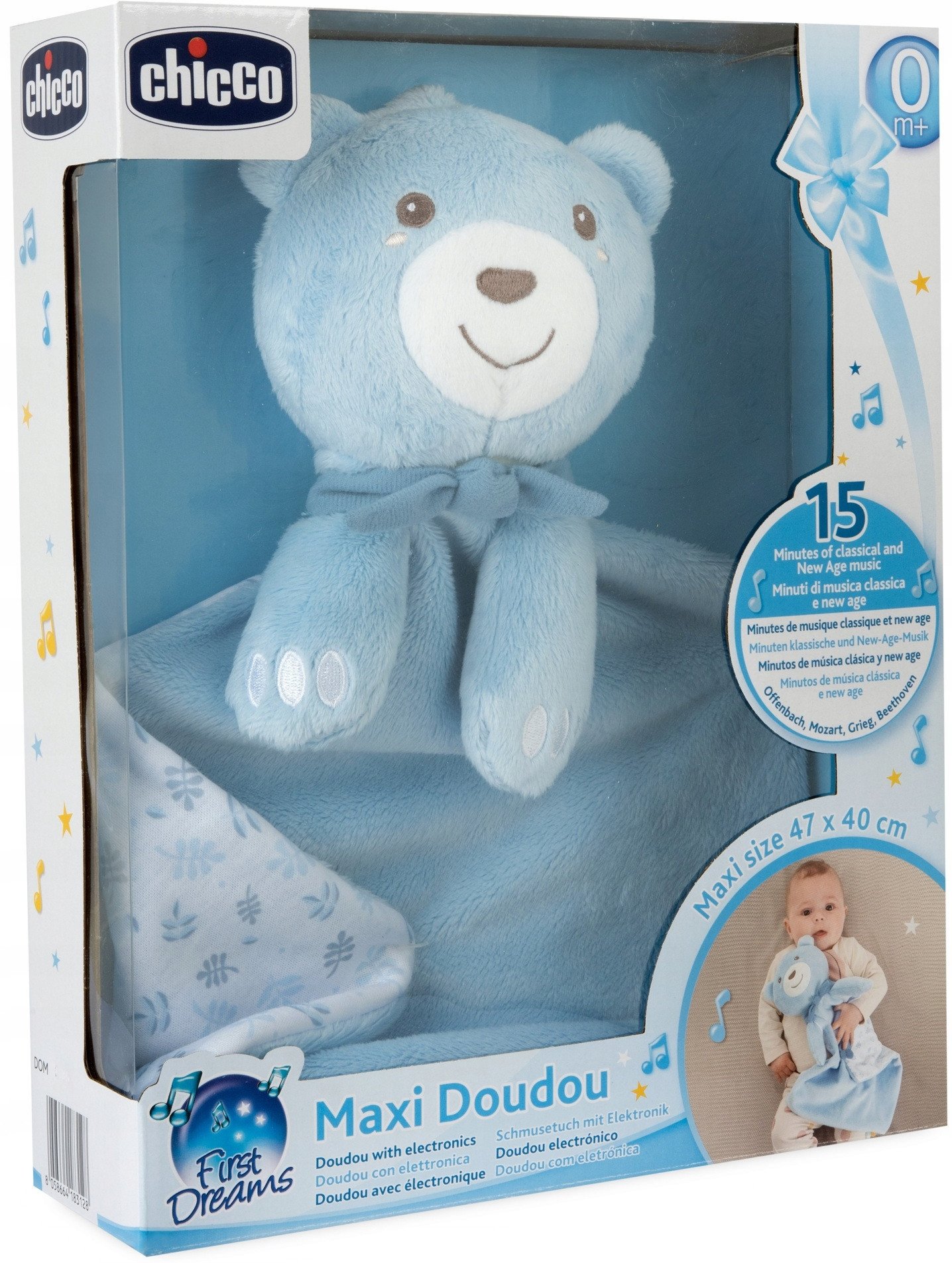 Pluszowy miś z kocykiem 47x40 MAXI DOUDOU niebieski Chicco