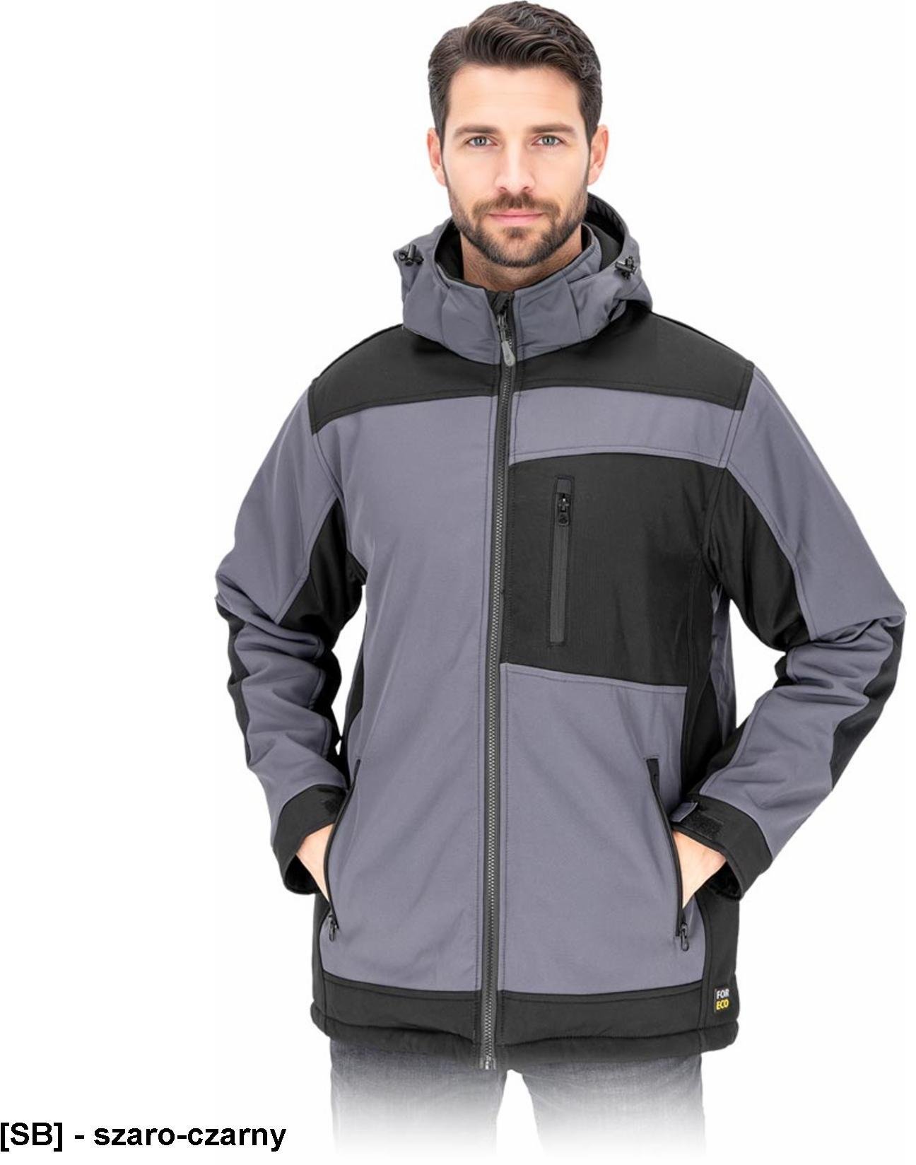 Kurtka męska ochronna odsuwany kaptur ocieplana stójka polar zamek SOFTSHELL chroni przed deszczem wiatrem oddychająca szaro czarny FORECO-WSH XL