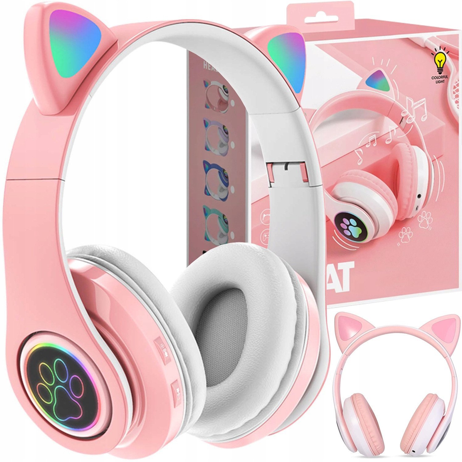 Defender Słuchawki dziecięce RGB z uszkami, różowe
