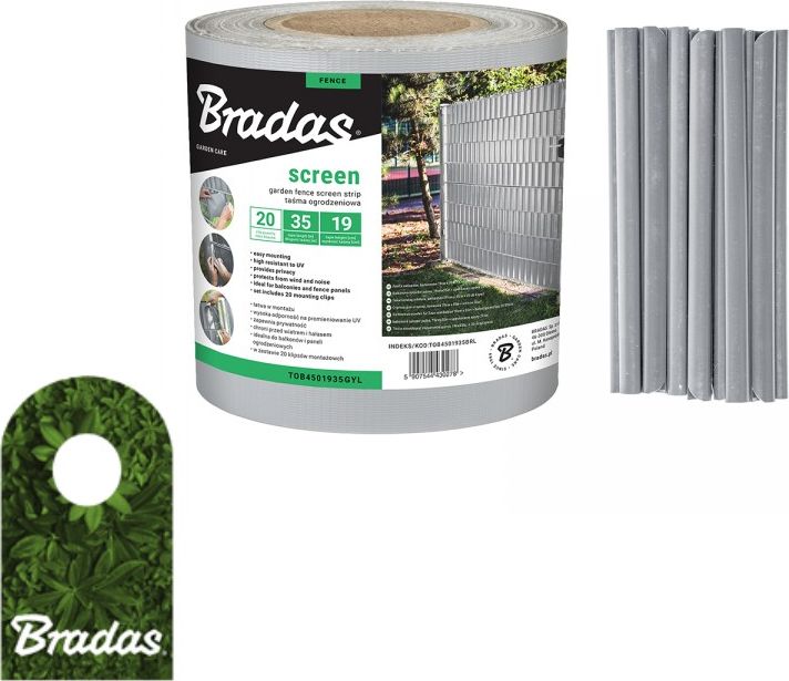 Bradas Taśma ogrodzeniowa balkonowa jasnoszara 19cm x 35m + klipsy BRADAS 0292