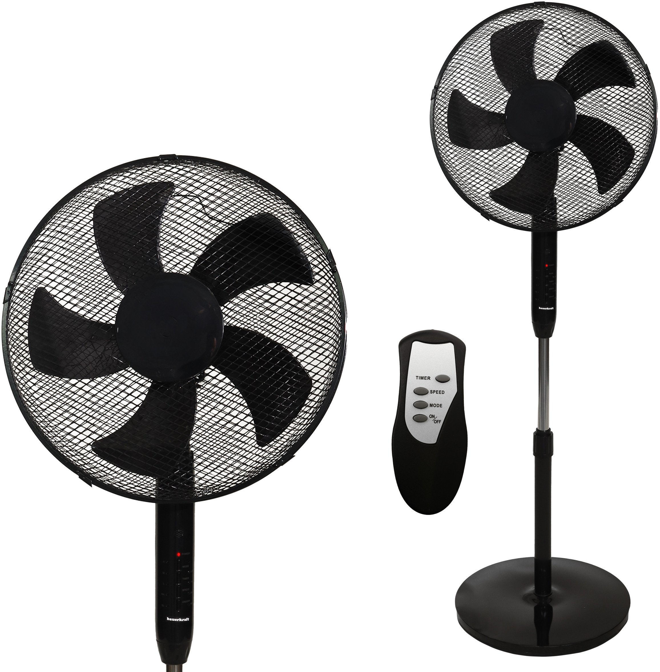 Wentylator Bauerkraft Wentylator podłogowy wiatrak stojący 5 łopatek mocny cichy timer pilot 3 tryby regulacja 45W czarny