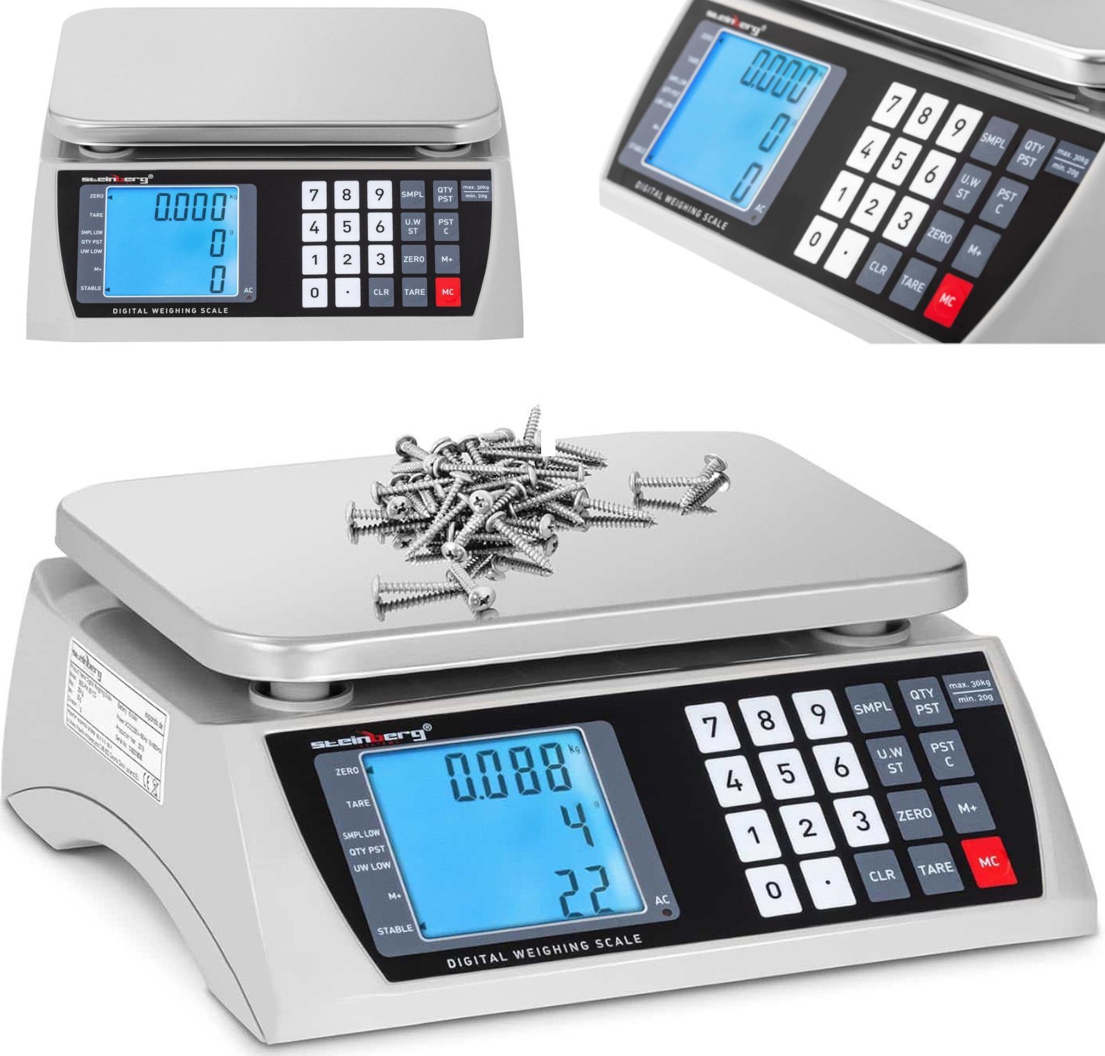 Steinberg Waga sklepowa handlowa licząca LCD 22.3 x 17.4 cm 30 kg / 1 g Waga sklepowa handlowa liczą...