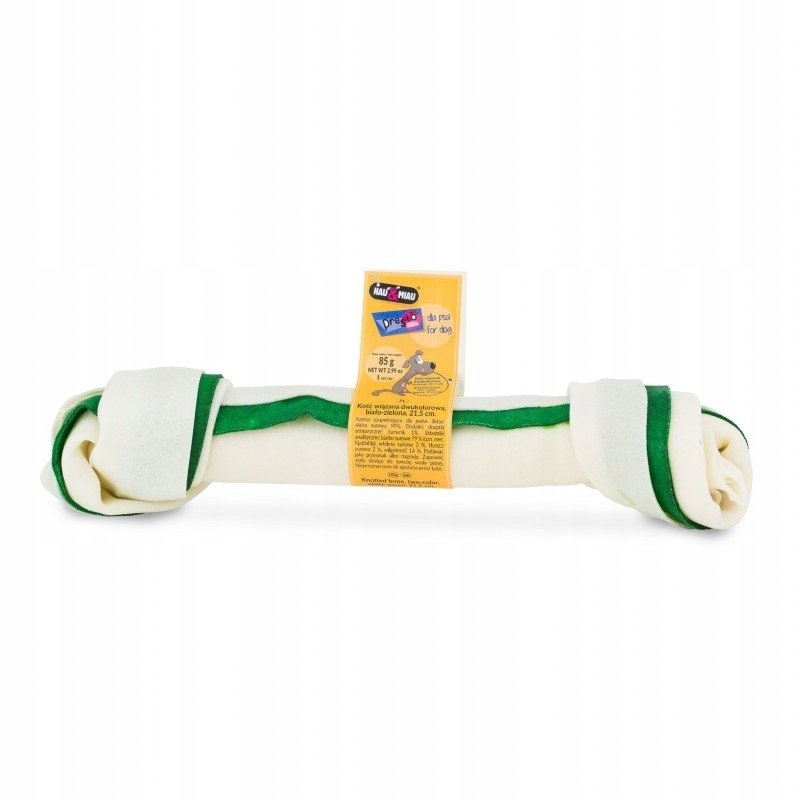Hau&Miau Kość wiązana dwukolorowa, biało-zielona 21,5cm, 10szt/op, 850g/op, 10 op/karton