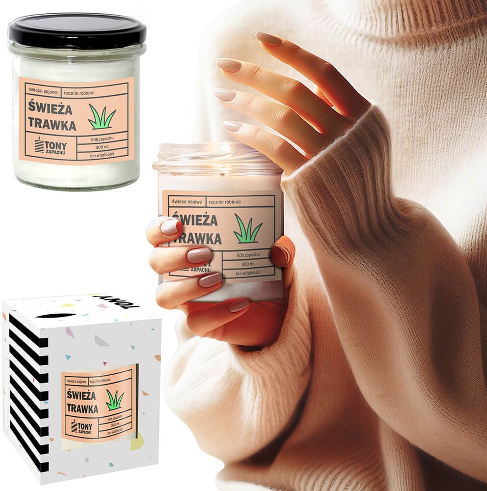 Cup&You Świeca sojowa zapachowa ŚWIEŻA TRAWKA- najlepsza aromatyczna bezpieczna ręcznie robiona w szklanym słoiczku 300ml 50h palenia na prezent upomi