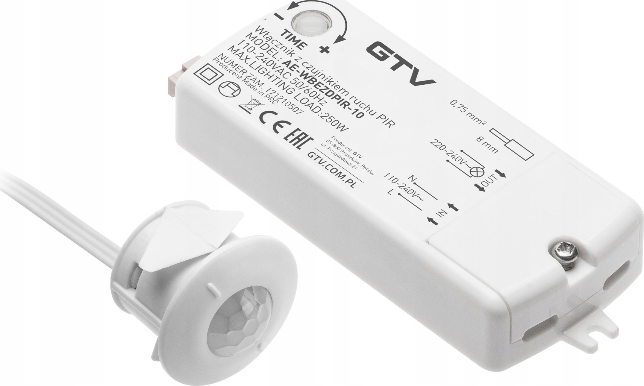 GTV Włącznik GTV AE-WBEZDPIR-10 bezdotykowy pir 230V 250W przewód 2m biały