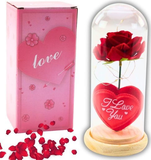 Wieczna Róża w Kopule z Oświetleniem LED Czerwona z Serduszkiem 18,5x8cm