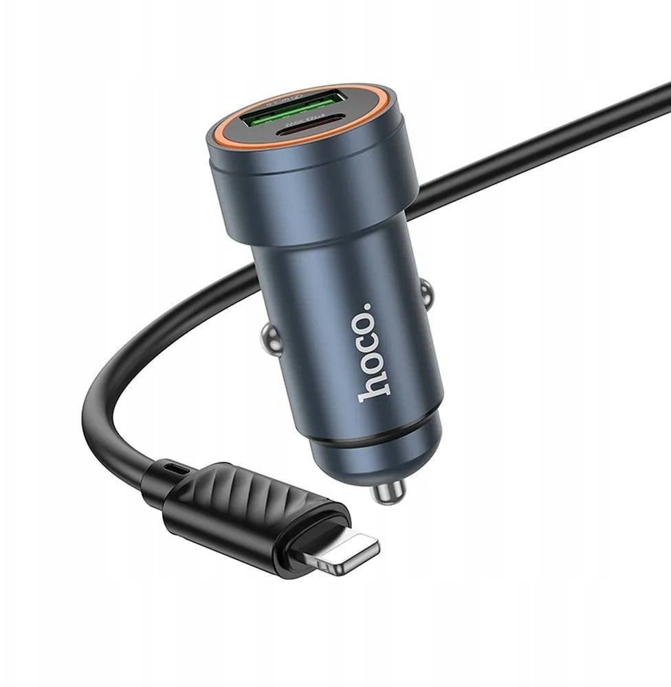 Ładowarka Hoco Ładowarka samochodowa USB A + USB C QC3.0 PD 30W + kabel USB C do Lightning Z57A czarna