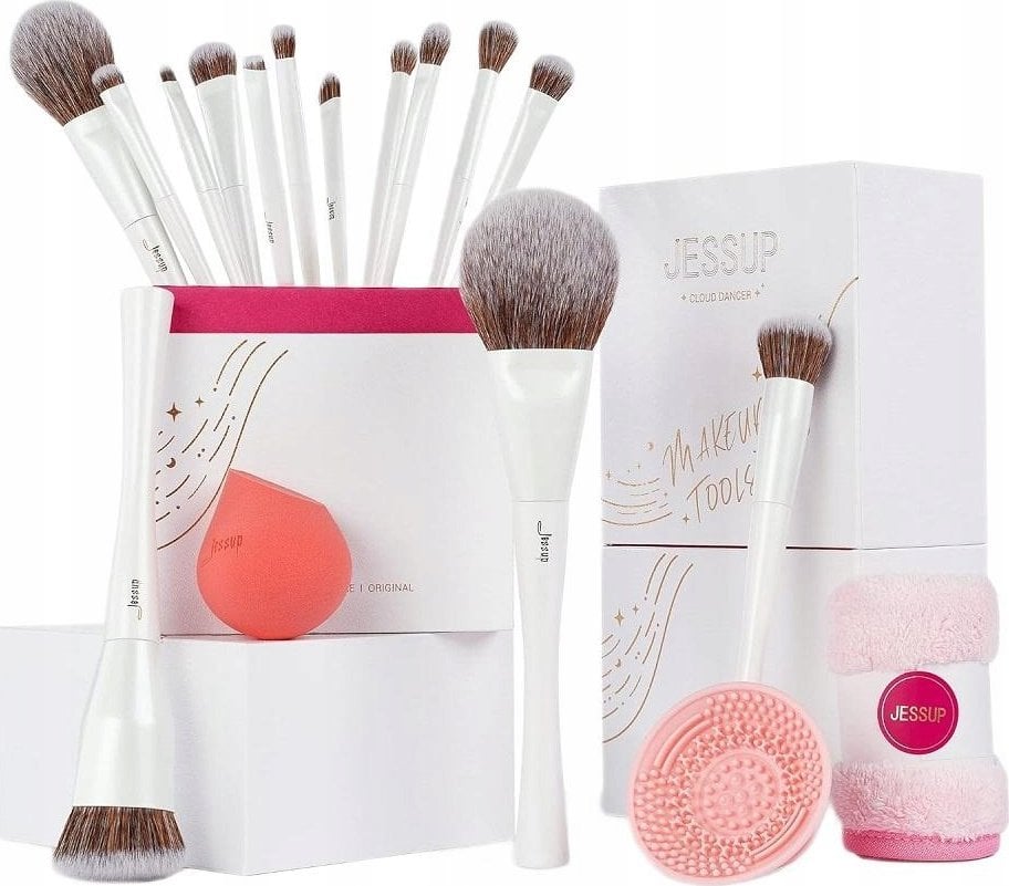 JESSUP_SET Comprehensive Makeup Tools Kit Brush Cleaning Pad + Beauty Sponge + Brush Towel + 14 Makeup Brushes gąbka do czyszenia pędzli + gąbka do po
