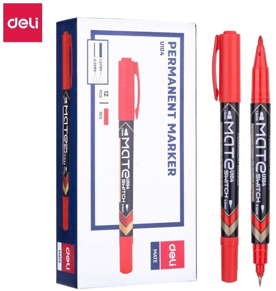 Deli Marker permanentny dwustron. czerwony (12szt)