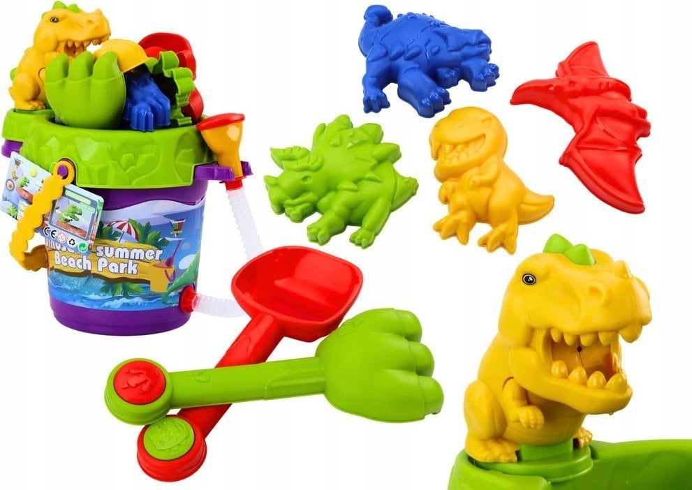 LeanToys Zestaw Do Piasku Wiaderko Z Prysznicem Konewka i Foremki Dinozaury Zestaw