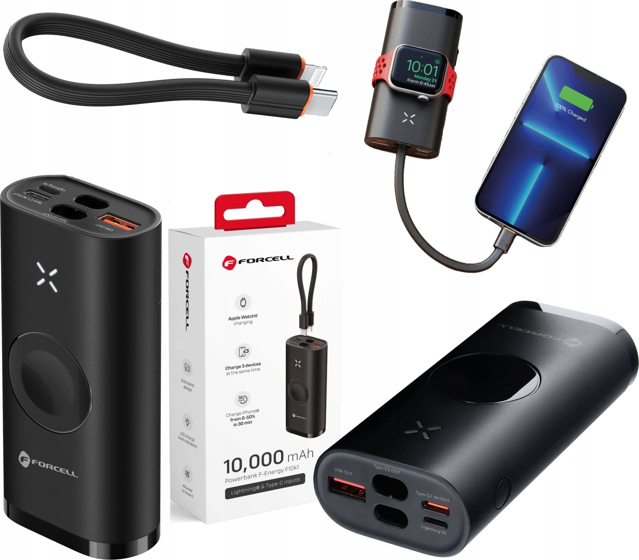 FORCELL F-ENERGY F10K4 powerbank kompatybilny z Apple Watch PD QC3.0 3A 22,5W 10000 mAh czarny