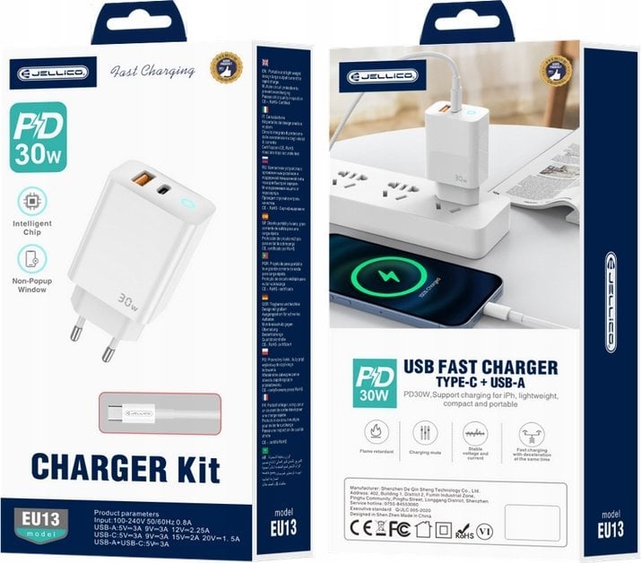 Ładowarka Jellico JELLICO ładowarka sieciowa EU13 GaN PD 30W 1xUSB-C + 1xUSB QC3.0 + kabel USB-C - USB-C Biały