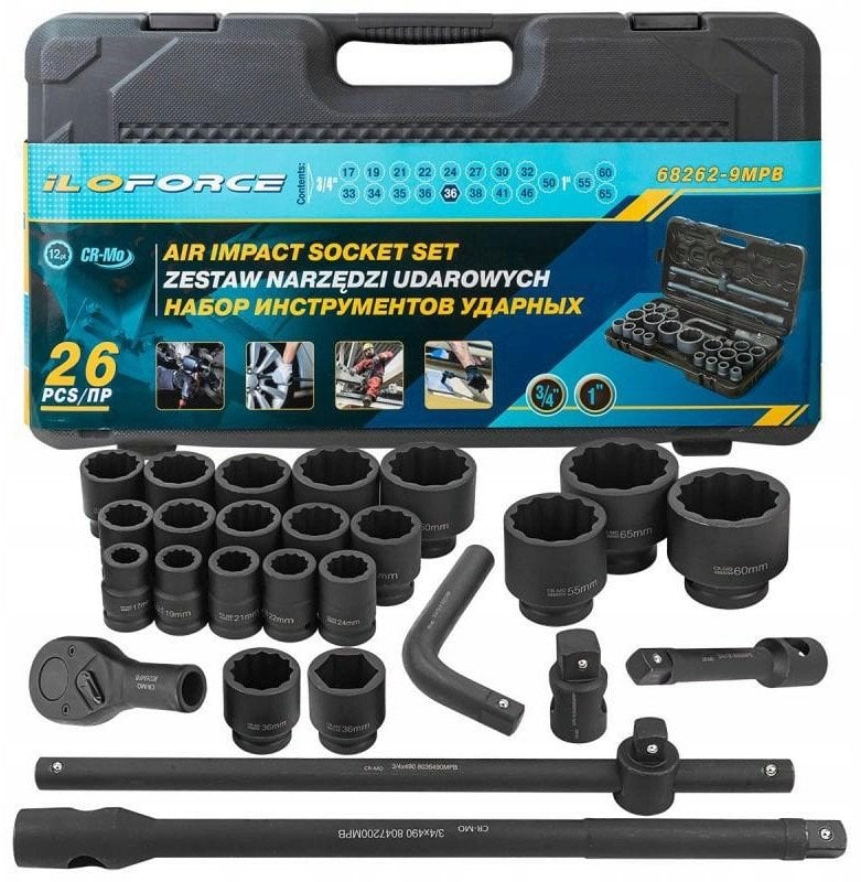 Zestaw narzędzi udarowych 26el. 3/4" (17-50mm) i 1" (55-65mm) (12-kątnych)