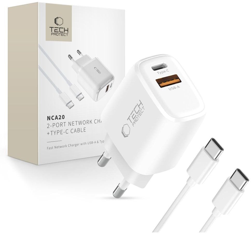 TECH-PROTECT NCA20 2-PORT NETWORK CHARGER PD 20W / QC3.0 + TYPE-C CABLE WHITE