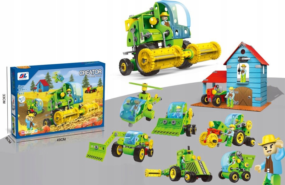 DK Klocki Konstrukcyjne ZESTAW ROLNIKA, FARMERA 153 El. Pojazdy Rolnicze, Kombajn, Stodoła, Traktor Do Rozkręcania I Skręcania 8w1