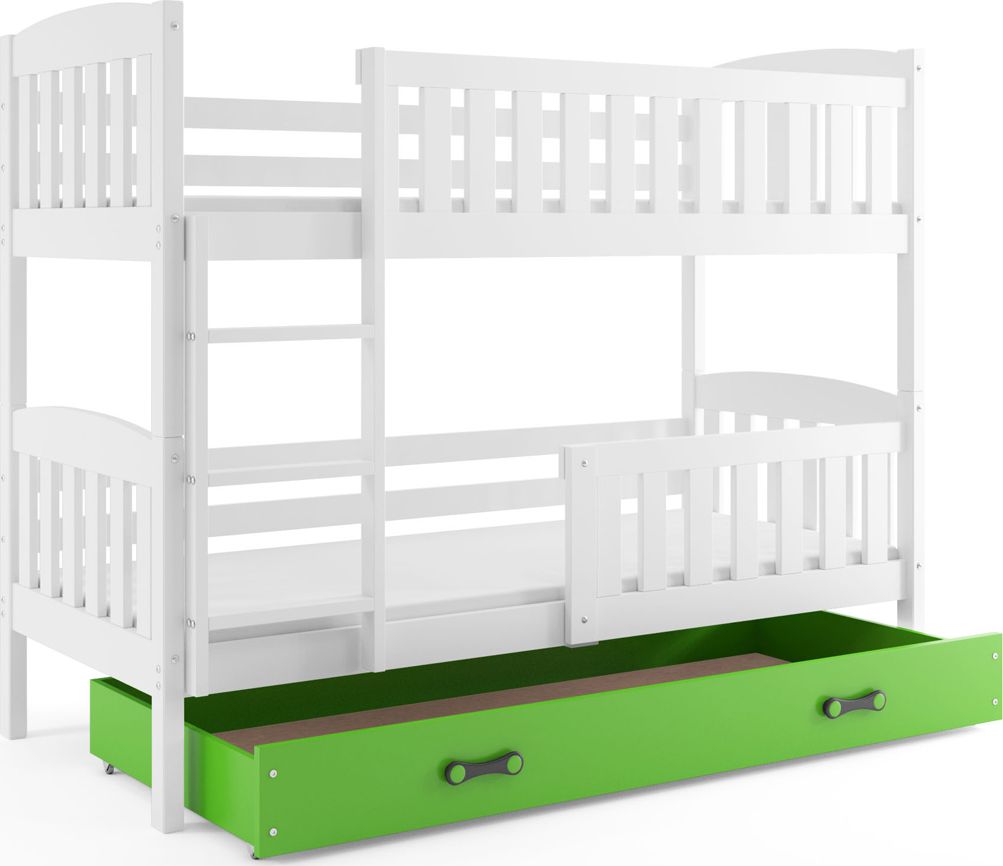 Polecane Elior Białe łóżko piętrowe z zieloną szufladą 90x200 - Elize 3X